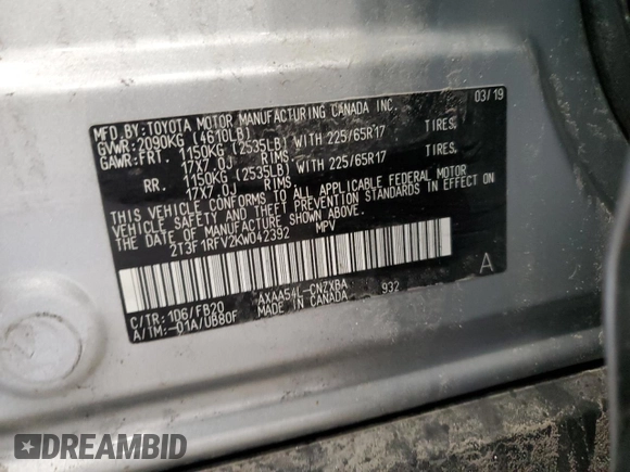2019 Toyota RAV4 LE with VIN 2T3F1RFV2KW042392, listed as a Copart auction lot 48320245 with Not Provided miles and Salvage Title. Bid and sale history available at DreamBid. Image 13.