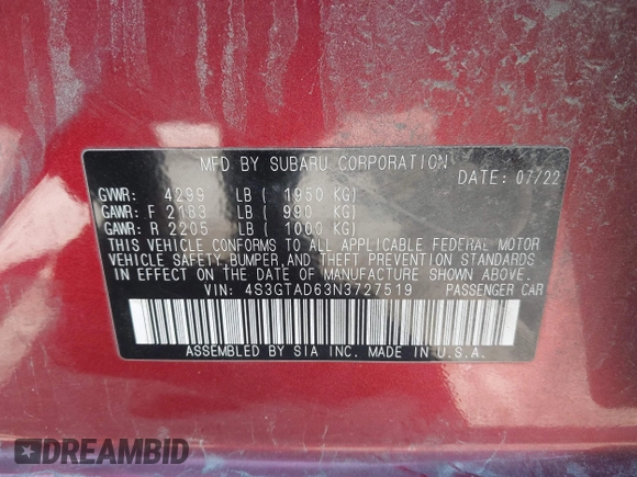 2022 Subaru Impreza Premium with VIN 4S3GTAD63N3727519, listed as a IAAI auction lot 42233237 with 66,134 mi miles and . Bid and sale history available at DreamBid. Image 9.