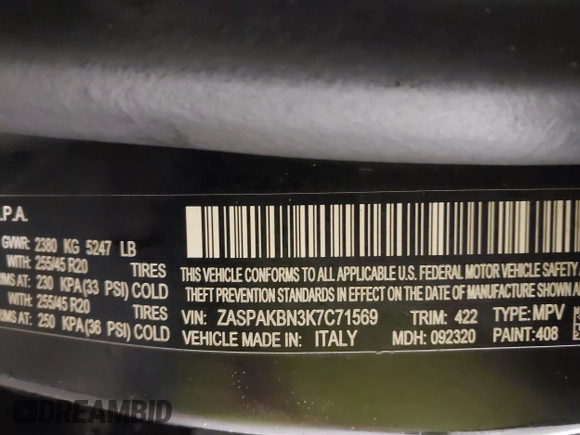 2019 Alfa Romeo Stelvio Ti with VIN ZASPAKBN3K7C71569, listed as a IAAI auction lot 41556814 with 87,279 mi miles and . Bid and sale history available at DreamBid. Image 9.