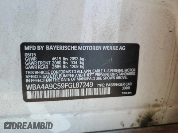 2015 BMW 4 Series 428i with VIN WBA4A9C59FGL87249, listed as a Copart auction lot 52182775 with 57,797 mi miles and Salvage title. Bid and sale history available at DreamBid. Image 12.