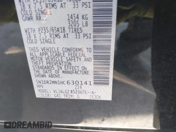 2017 Nissan Pathfinder SV with VIN 5N1DR2MN1HC630141, listed as a IAAI auction lot 41376712 with 75,133 mi miles and . Bid and sale history available at DreamBid. Image 9.