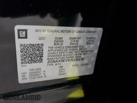 2018 Chevrolet Equinox LT z VIN 2GNAXSEV9J6245136, wystawiony jako Copart lot #55026665 z przebiegiem 129 498 mil mil oraz Szkoda całkowita • Salvage title. Historia ofert i sprzedaży dostępna na DreamBid. Obrazek 13.