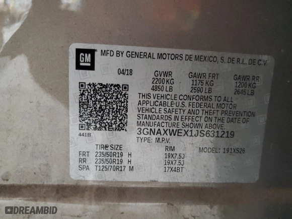 2018 Chevrolet Equinox Premier with VIN 3GNAXWEX1JS631219, listed as a Copart auction lot 50366685 with 104,403 mi miles and Salvage Title. Bid and sale history available at carsss.com. Image 12.