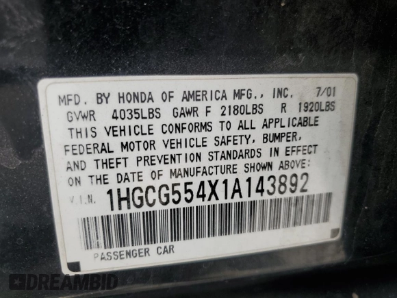 2001 Honda Accord LX with VIN 1HGCG554X1A143892, listed as a Copart auction lot 52162955 with 117,059 mi miles and Salvage title. Bid and sale history available at DreamBid. Image 12.