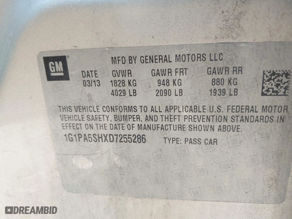 2013 Chevrolet Cruze LS with VIN 1G1PA5SHXD7255286, listed as a IAAI auction lot 41717475 with 115,871 mi miles. Bid and sale history available at carsss.com. Image 9.
