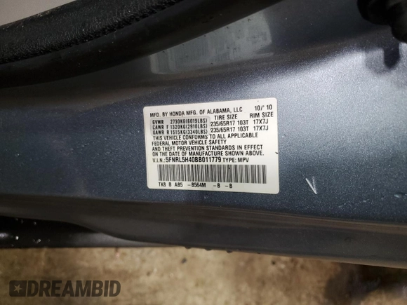 2011 Honda Odyssey EX с VIN 5FNRL5H40BB011779, выставлен на аукционе Copart как лот 51545685 с пробегом Не указан миль и Списание • Salvage title. История ставок и продаж доступна на DreamBid. Изображение 15.