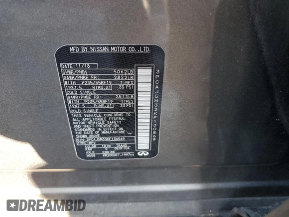 2019 Infiniti QX50 LUXE with VIN 3PCAJ5M33KF130569, listed as a Copart auction lot 73271632 with 77,229 mi miles. Bid and sale history available at carsss.com. Image 15.