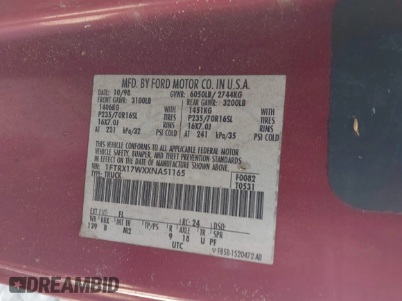 1999 Ford F-150 с VIN 1FTRX17WXXNA51165, выставлен на аукционе IAAI как лот 41707795 с пробегом Не указан миль и . История ставок и продаж доступна на DreamBid. Изображение 9.
