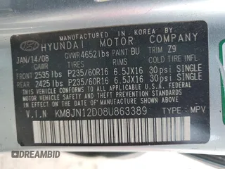 2008 Hyundai Tucson SE with VIN KM8JN12D08U863389, listed as a Copart auction lot 76446864 with 124,654 mi miles and Salvage Title. Bid and sale history available at carsss.com. Image 13.