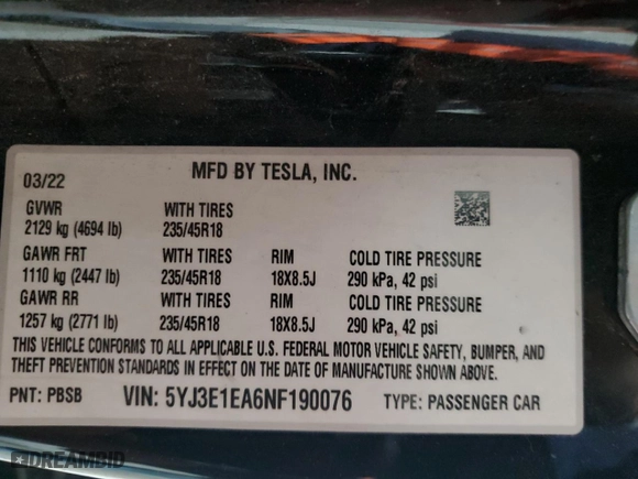 2022 Tesla Model 3 with VIN 5YJ3E1EA6NF190076, listed as a Copart auction lot 50092485 with 160,890 mi miles and Clean Title. Bid and sale history available at carsss.com. Image 12.