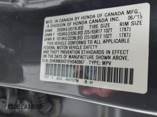 2015 Honda CR-V EX-L with VIN 2HKRM3H71FH540967, listed as a IAAI auction lot 41934678 with 74,206 mi miles. Bid and sale history available at carsss.com. Image 9.