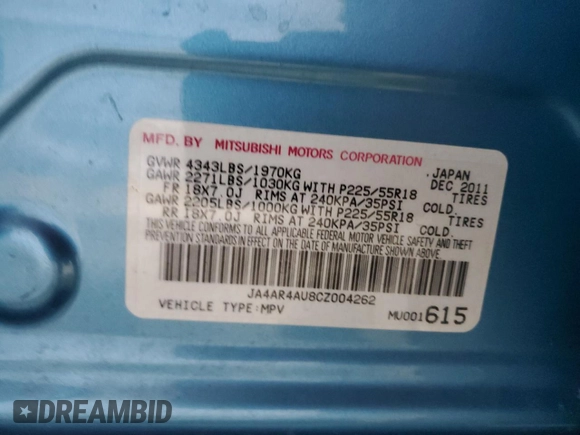 2012 Mitsubishi Outlander Sport SE with VIN JA4AR4AU8CZ004262, listed as a Copart auction lot 48854935 with 83,607 mi miles and Salvage Title. Bid and sale history available at carsss.com. Image 12.