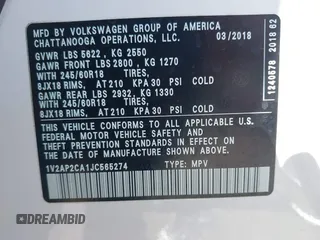 2018 Volkswagen Atlas S with VIN 1V2AP2CA1JC565274, listed as a IAAI auction lot 41686934 with 68,289 mi miles and . Bid and sale history available at DreamBid. Image 9.