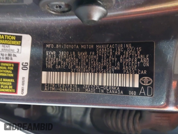 2015 Toyota Corolla L with VIN 2T1BURHE9FC356561, listed as a IAAI auction lot 42224561 with 121,288 mi miles and . Bid and sale history available at DreamBid. Image 9.