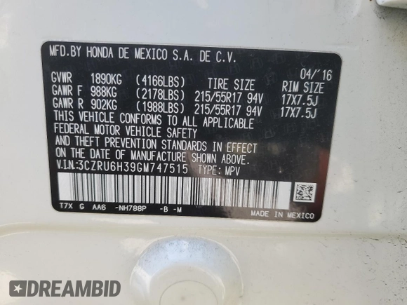 2016 Honda HR-V LX with VIN 3CZRU6H39GM747515, listed as a Copart auction lot 50931685 with 102,430 mi miles and Salvage Title. Bid and sale history available at carsss.com. Image 15.