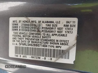 2011 Honda Odyssey EX-L with VIN 5FNRL5H62BB071404, listed as a IAAI auction lot 42196826 with 278,657 mi miles and . Bid and sale history available at carsss.com. Image 9.