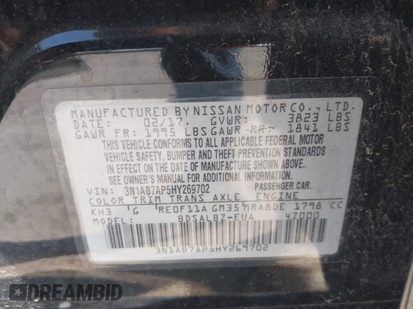 2017 Nissan Sentra S with VIN 3N1AB7AP5HY269702, listed as a IAAI auction lot 41996387 with 73,247 mi miles and . Bid and sale history available at DreamBid. Image 9.