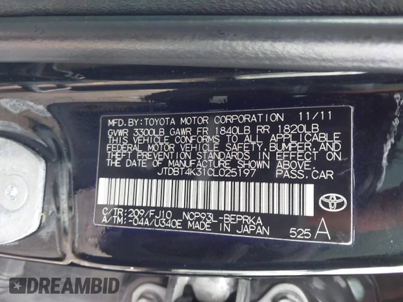 2012 Toyota Yaris with VIN JTDBT4K31CL025197, listed as a IAAI auction lot 41424640 with 165,731 mi miles. Bid and sale history available at carsss.com. Image 9.