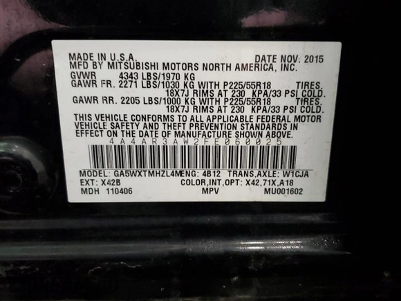 2015 Mitsubishi Outlander Sport 2.4 ES with VIN 4A4AR3AW2FE060025, listed as a Copart auction lot 43506405 with 119,047 mi miles and Salvage Title. Bid and sale history available at carsss.com. Image 13.