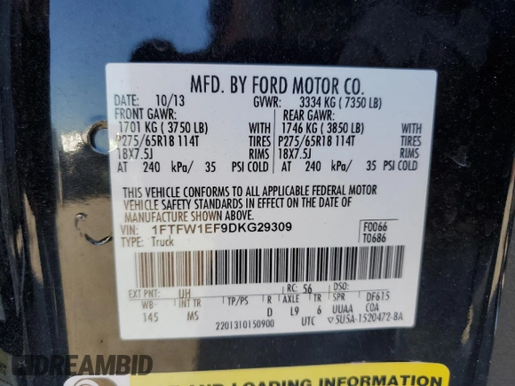 2013 Ford F-150 XL with VIN 1FTFW1EF9DKG29309, listed as a Copart auction lot 46171155 with 136,283 mi miles and Salvage title. Bid and sale history available at DreamBid. Image 13.