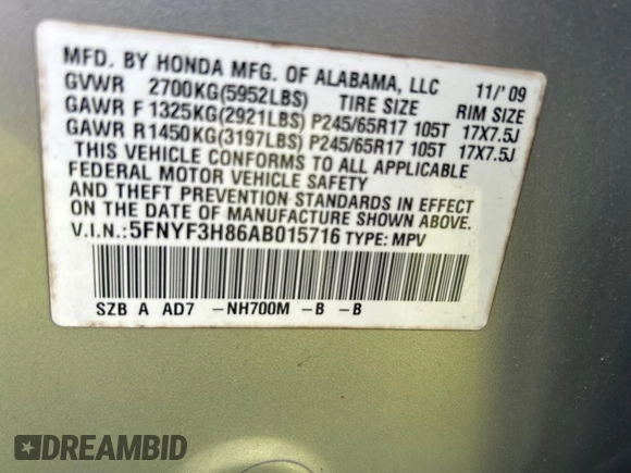 2010 Honda Pilot Touring with VIN 5FNYF3H86AB015716, listed as a Copart auction lot 54362235 with 229,256 mi miles and Clean Title. Bid and sale history available at carsss.com. Image 10.