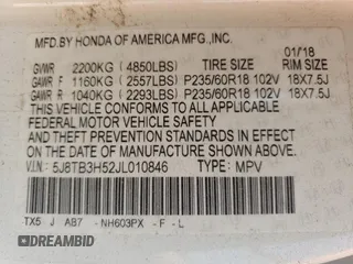 2018 Acura RDX Technology with VIN 5J8TB3H52JL010846, listed as a Copart auction lot 54174944 with Not provided miles and Salvage title. Bid and sale history available at DreamBid. Image 12.