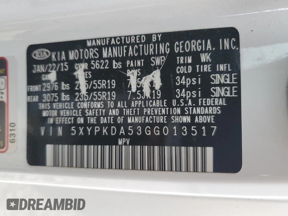 2016 Kia Sorento SXL with VIN 5XYPKDA53GG013517, listed as a Copart auction lot 60932015 with 150,334 mi miles and Non repairable. Bid and sale history available at DreamBid. Image 14.
