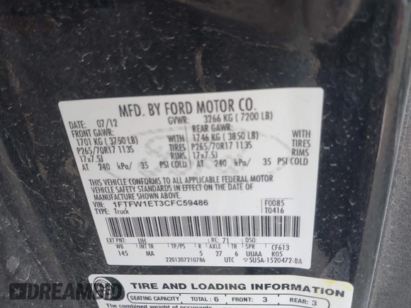 2012 Ford F-150 XL with VIN 1FTFW1ET3CFC59486, listed as a IAAI auction lot 42320458 with 169,254 mi miles and . Bid and sale history available at DreamBid. Image 9.