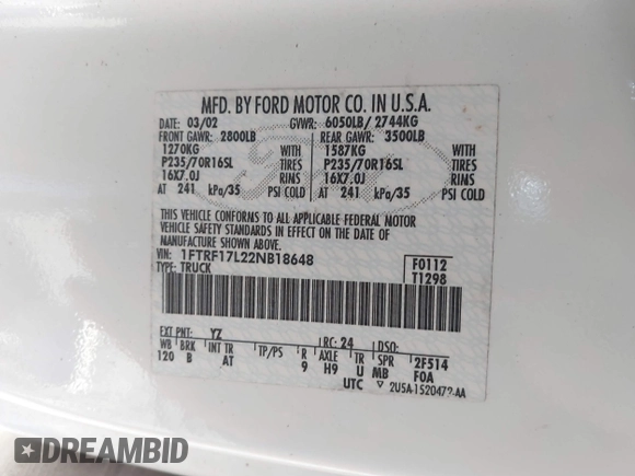 2002 Ford F-150 XL z VIN 1FTRF17L22NB18648, wystawiony jako IAAI lot #41843041 z przebiegiem 90 033 mil mil oraz . Historia ofert i sprzedaży dostępna na DreamBid. Obrazek 9.