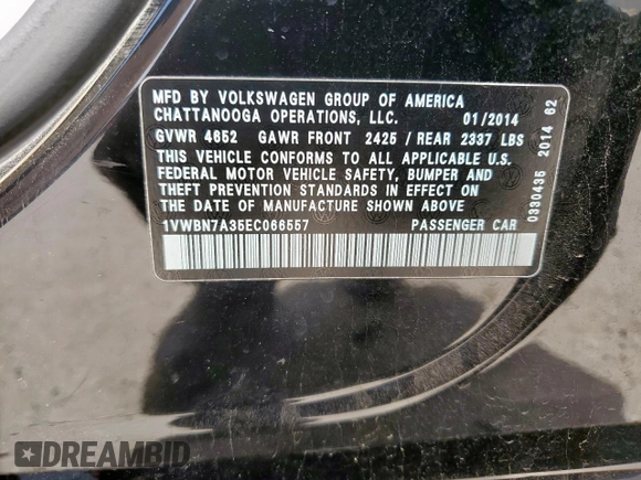 2014 Volkswagen Passat SE z VIN 1VWBN7A35EC066557, wystawiony jako Copart lot #57065545 z przebiegiem 112 154 mil mil oraz Szkoda całkowita • Salvage title. Historia ofert i sprzedaży dostępna na DreamBid. Obrazek 12.