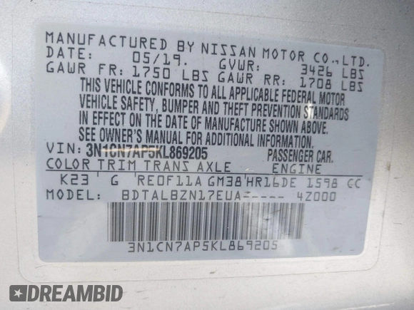 2019 Nissan Versa SV z VIN 3N1CN7AP5KL869205, wystawiony jako IAAI lot #41883310 z przebiegiem 96 317 mil mil oraz . Historia ofert i sprzedaży dostępna na DreamBid. Obrazek 9.