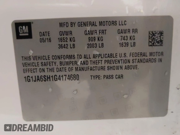 2016 Chevrolet Sonic LS with VIN 1G1JA6SH1G4174680, listed as a IAAI auction lot 41299210 with 90,210 mi miles and . Bid and sale history available at DreamBid. Image 9.