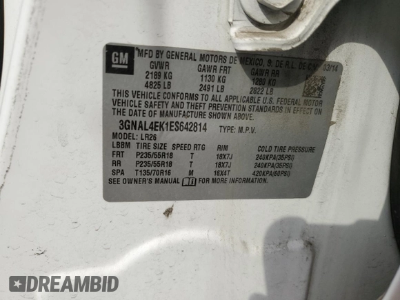 2014 Chevrolet Captiva Sport LTZ with VIN 3GNAL4EK1ES642814, listed as a Copart auction lot 71238674 with 91,317 mi miles and Clean Title. Bid and sale history available at DreamBid. Image 13.
