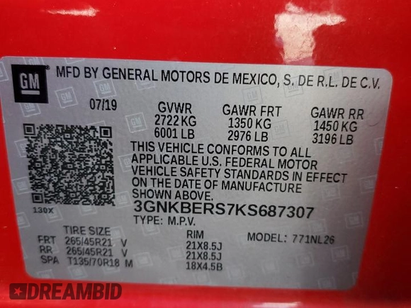 2019 Chevrolet Blazer RS with VIN 3GNKBERS7KS687307, listed as a Copart auction lot 55068695 with 106,875 mi miles and Salvage title. Bid and sale history available at DreamBid. Image 13.