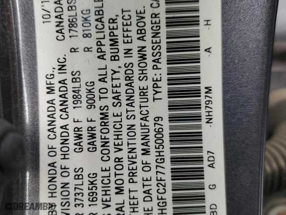 2016 Honda Civic Sedan EX with VIN 2HGFC2F77GH500679, listed as a Copart auction lot 49959035 with 78,244 mi miles and Salvage Title. Bid and sale history available at carsss.com. Image 13.