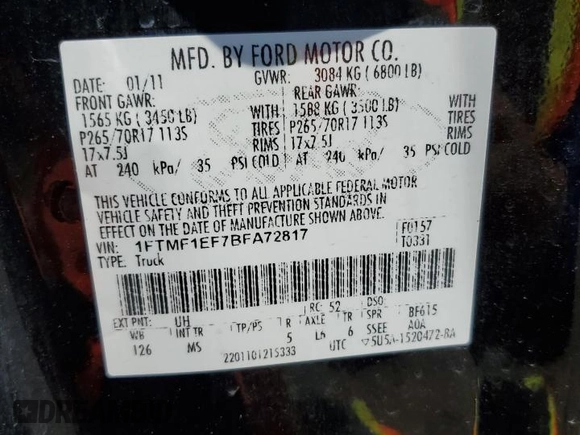 2011 Ford F-150 XL with VIN 1FTMF1EF7BFA72817, listed as a Copart auction lot 75552694 with 185,146 mi miles and Salvage title. Bid and sale history available at DreamBid. Image 12.