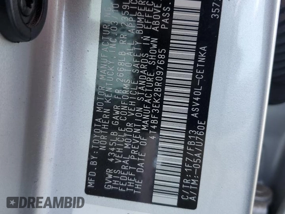 2011 Toyota Camry LE with VIN 4T4BF3EK2BR097685, listed as a Copart auction lot 62969065 with 155,367 mi miles and Salvage title. Bid and sale history available at DreamBid. Image 12.