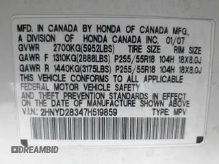 2007 Acura MDX Tech Pkg with VIN 2HNYD28347H519859, listed as a IAAI auction lot 41694763 with 259,202 mi miles. Bid and sale history available at carsss.com. Image 9.