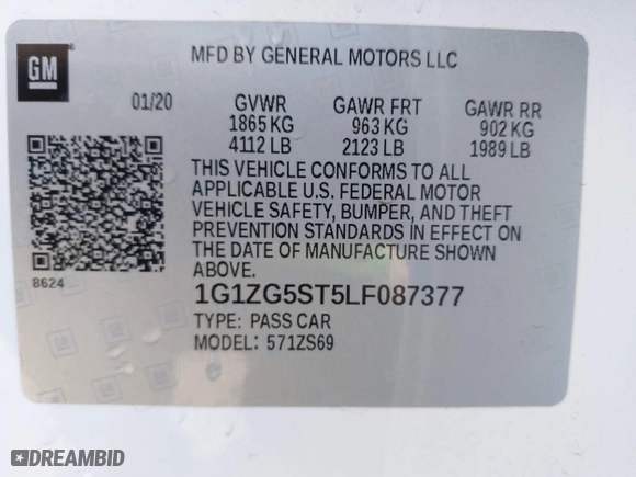 2020 Chevrolet Malibu RS with VIN 1G1ZG5ST5LF087377, listed as a IAAI auction lot 41424045 with 55,513 mi miles. Bid and sale history available at carsss.com. Image 9.