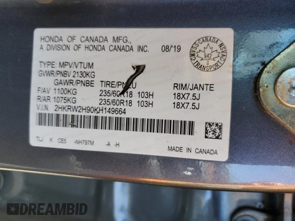 2019 Honda CR-V Touring with VIN 2HKRW2H90KH149664, listed as a Copart auction lot 52019525 with 147,649 mi miles and Salvage Title. Bid and sale history available at DreamBid. Image 13.