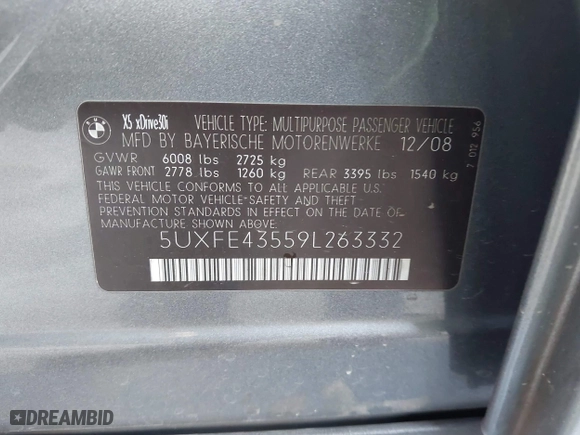 2009 BMW X5 30i with VIN 5UXFE43559L263332, listed as a IAAI auction lot 41998651 with 209,264 mi miles. Bid and sale history available at carsss.com. Image 9.