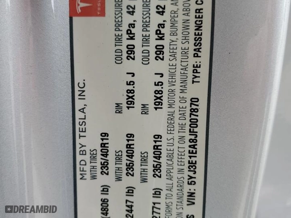 2018 Tesla Model 3 Long Range Battery with VIN 5YJ3E1EA8JF007870, listed as a Copart auction lot 49127125 with 101,075 mi miles and Salvage Title. Bid and sale history available at carsss.com. Image 15.