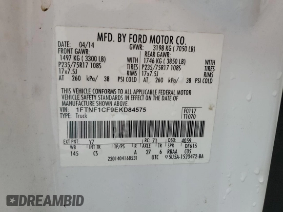 2014 Ford F-150 XL with VIN 1FTNF1CF9EKD84575, listed as a Copart auction lot 52136825 with 211,014 mi miles and Clean title. Bid and sale history available at DreamBid. Image 12.