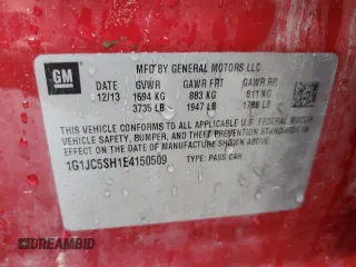 2014 Chevrolet Sonic LT with VIN 1G1JC5SH1E4150509, listed as a Copart auction lot 42500504 with 125,848 mi miles and Salvage Title. Bid and sale history available at DreamBid. Image 12.