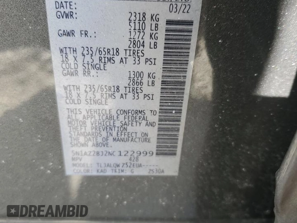2022 Nissan Murano SV z VIN 5N1AZ2BJ2NC122999, wystawiony jako Copart lot #41897915 z przebiegiem 49 612 mil mil oraz Szkoda całkowita • Salvage title. Historia ofert i sprzedaży dostępna na DreamBid. Obrazek 15.