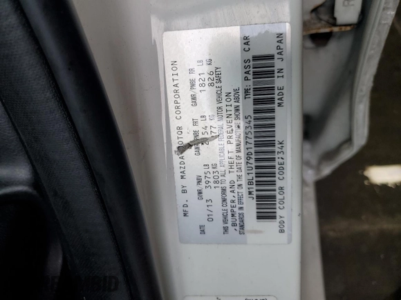 2013 Mazda 3 i Sport with VIN JM1BL1U79D1775345, listed as a Copart auction lot 87373874 with 174,249 mi miles and Salvage Title. Bid and sale history available at DreamBid. Image 12.