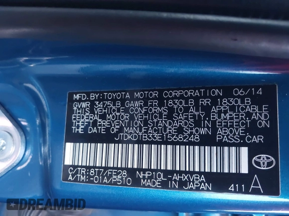 2014 Toyota Prius One with VIN JTDKDTB33E1568248, listed as a IAAI auction lot 41758633 with 66,596 mi miles and . Bid and sale history available at DreamBid. Image 9.