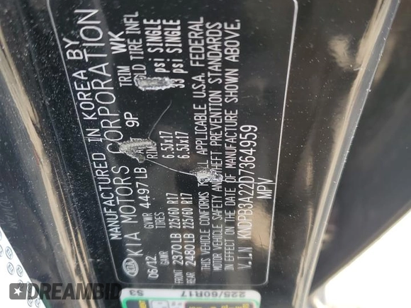 2013 Kia Sportage LX with VIN KNDPB3A22D7364959, listed as a Copart auction lot 45217555 with Not Provided miles and Salvage Title. Bid and sale history available at DreamBid. Image 12.