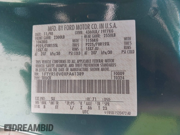 1999 Ford Ranger XL z VIN 1FTYR10V0XPA61389, wystawiony jako IAAI lot #42282825 z przebiegiem 235 720 mil mil oraz . Historia ofert i sprzedaży dostępna na DreamBid. Obrazek 9.
