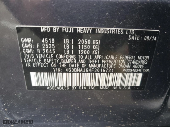 2015 Subaru Legacy 2.5i Limited with VIN 4S3BNAJ64F3016731, listed as a Copart auction lot 48060425 with 118,371 mi miles and Salvage Title. Bid and sale history available at carsss.com. Image 14.